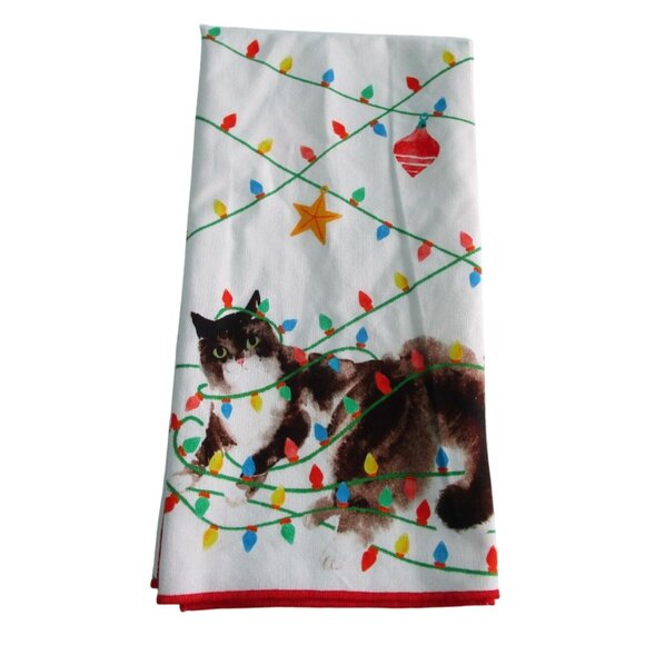Anthropologie Christmas Cat Wrapped In Lights Dishtowel Cotton NWT - Picture 1 of 13